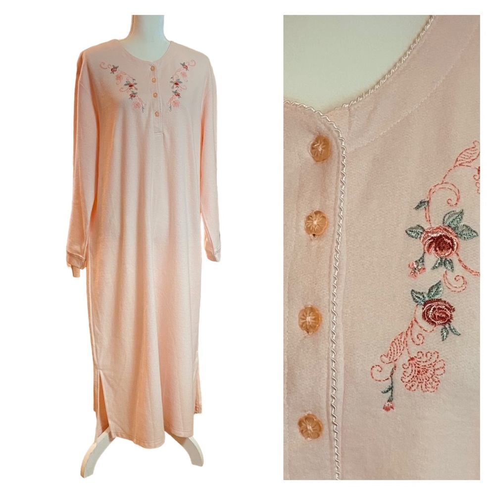 Vintage 90’s Flannel Nightgown Womens Large Lounger Sleepwear Pink Dogwood